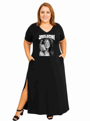 ESGOTADO - Vestido long decote V - JANIS JOPPLIN - Rock Roll - Veste do 44 ao 50