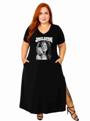 ESGOTADO - Vestido long decote V - JANIS JOPPLIN - Rock Roll - Veste do 44 ao 50